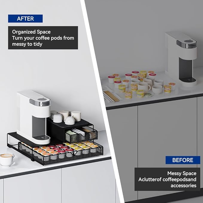 Coffee Maker Countertop Organizer,K Cup Pod Drawers,60 Coffee Capsule Pod Holder,Integrated Design Requires No Assembly.Slidng Storage Pod Baskets,K Cup holder,Silicone Drink Coasters