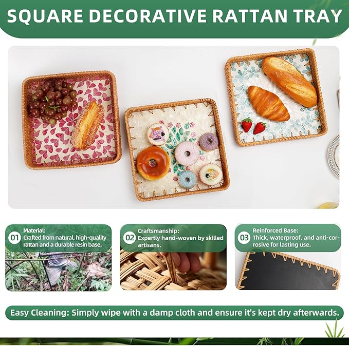 1 pcs Rectangle Rattan Serving Tray with Mother of Pearl Inlay, Decorative Wicker Tray for Coffee, Bread, Fruits, Elegant Table Decor for Living Room & Dining Room