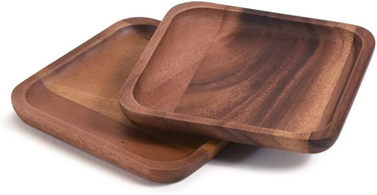 HomeStock Acacia Wood Plates Set - Rustic Square Serving Dishes - Small Appetizer Plates - Decorative Display Plates - Set of 2