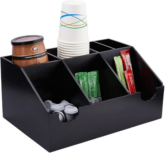 SUPERFINDINGS Coffee Station Organizer Wood Condiment Organizer Coffee Pod Holder Tea Bar Accessory Caddy Office Bar Holder Accessories for Tea Bags Pods Syrup Cups, 22x32.5cm/8.7x12.8