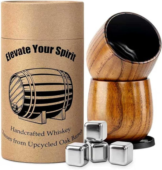 Luxury Wooden Whiskey Glass Gift Set for Men – 2 Handcrafted Carbonized Wood Tumblers with Reusable Metal Ice Cubes & Coasters, Premium Barware Gift Box for Bourbon Lovers for Dad