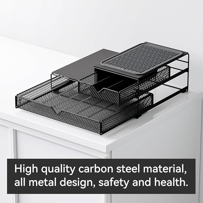 Coffee Maker Countertop Organizer,K Cup Pod Drawers,60 Coffee Capsule Pod Holder,Integrated Design Requires No Assembly.Slidng Storage Pod Baskets,K Cup holder,Silicone Drink Coasters