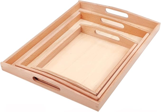 Montessori Wooden Trays with Handles, 3 Pack Small Medium Big Quality Wood Tray for Toddlers and Kids Montessori Activities, Trays to Store Toys and Educational Aids at Home Kindergarten (Beech)