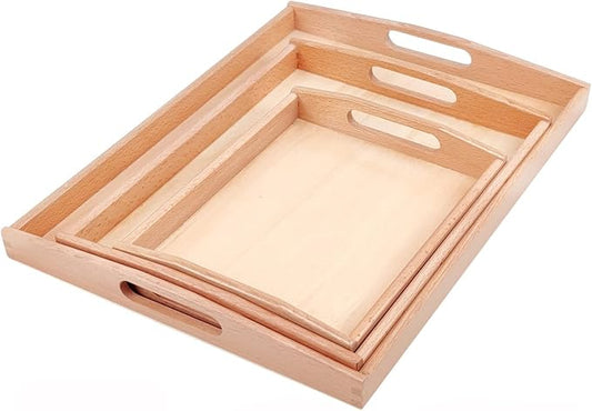 Montessori Wooden Trays with Handles, 3 Pack Small Medium Big Quality Wood Tray for Toddlers and Kids Montessori Activities, Trays to Store Toys and Educational Aids at Home Kindergarten (Beech)