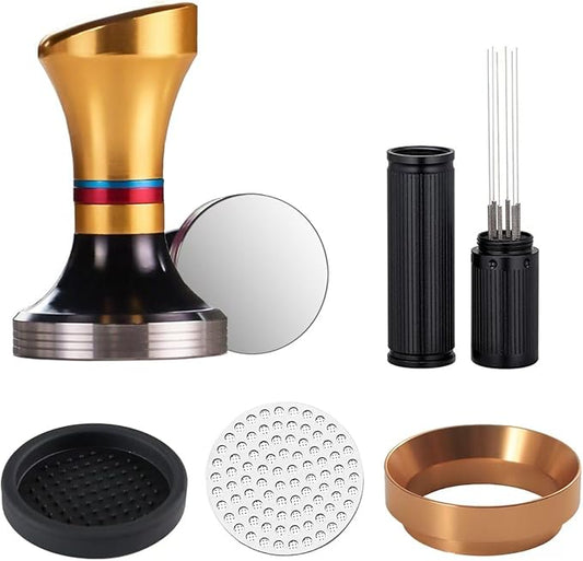 58mm Espresso Accessories Kit, 316 stainless steel Espresso Tamper, WDT Tool, Puck Screen and Dosing Funnel Set Fits Delonghi 58 mm Espresso Coffee Machines and Portafilter, Barista Tools (Golden)