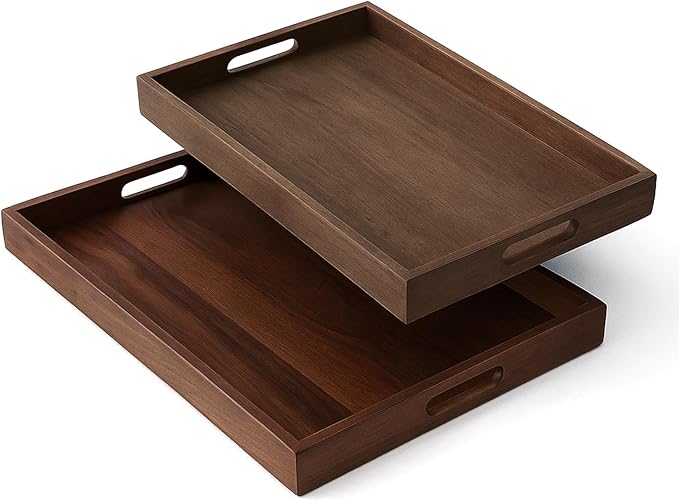 SHENLIU 2 Pcs Acacia Wood Serving Trays with Handles, 2 Sizes 17x12 & 15x10 Large Wooden Tray for Ottoman, Breakfast in Bed, Coffee Table, Decorative Rectangular Tray for Living Room Bedroom Kitchen