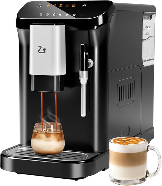 Super Automatic Espresso Machine & Coffee Maker, 20Bar Pressure, Built-in Conical Burr Grinder & Milk Frother, 6 One-Touch Recipes, Auto Clean, 1.5l Water Tank, for Home Office, 120v, Black