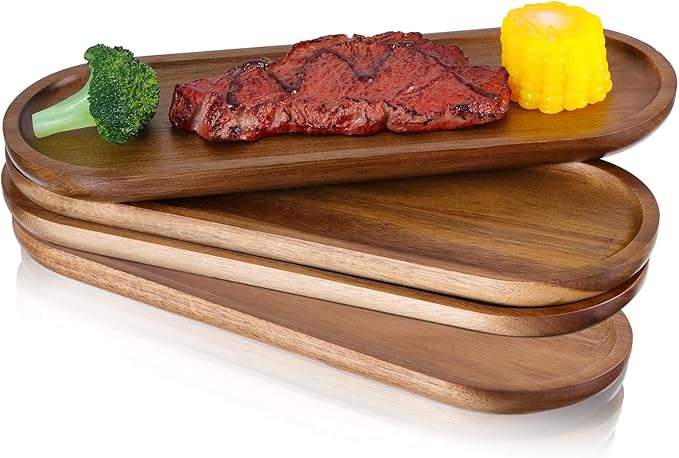 Yuanan 4PCS Acacia Wood Serving Platters and Trays, Oval Wooden Tray Small Sharcuterie Boards 11.34×4.13inch Sushi Plates Anti Slip Wooden Trays Versatile Wood Tray for Home Decor, Cheese, Fruit