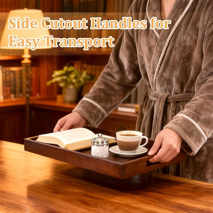 SHENLIU 2 Pcs Acacia Wood Serving Trays with Handles, 2 Sizes 17x12 & 15x10 Large Wooden Tray for Ottoman, Breakfast in Bed, Coffee Table, Decorative Rectangular Tray for Living Room Bedroom Kitchen