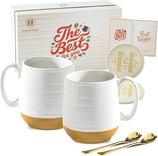 HASENSE Coffee Mugs Gift Set, 20oz Ceramic Mugs Set of 2 with Handle, Glaze Coasters & Spoons in Storage Box, For Coffee Tea and Cocoa, White Couple Mugs for Christmas Thanksgiving