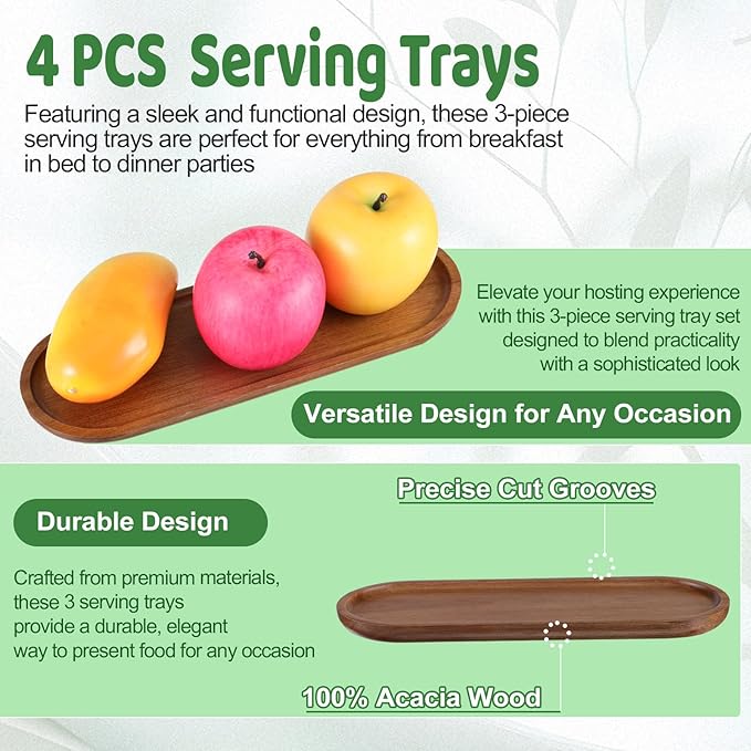 Yuanan 4PCS Acacia Wood Serving Platters and Trays, Oval Wooden Tray Small Sharcuterie Boards 11.34×4.13inch Sushi Plates Anti Slip Wooden Trays Versatile Wood Tray for Home Decor, Cheese, Fruit