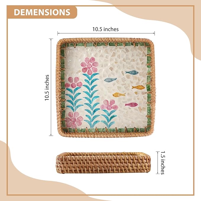 1 pcs Rectangle Rattan Serving Tray with Mother of Pearl Inlay, Decorative Wicker Tray for Coffee, Bread, Fruits, Elegant Table Decor for Living Room & Dining Room