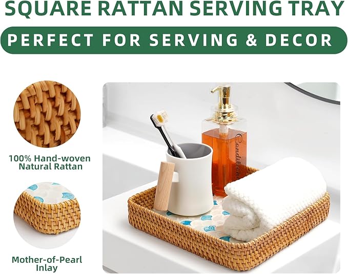 1 pcs Rectangle Rattan Serving Tray with Mother of Pearl Inlay, Decorative Wicker Tray for Coffee, Bread, Fruits, Elegant Table Decor for Living Room & Dining Room