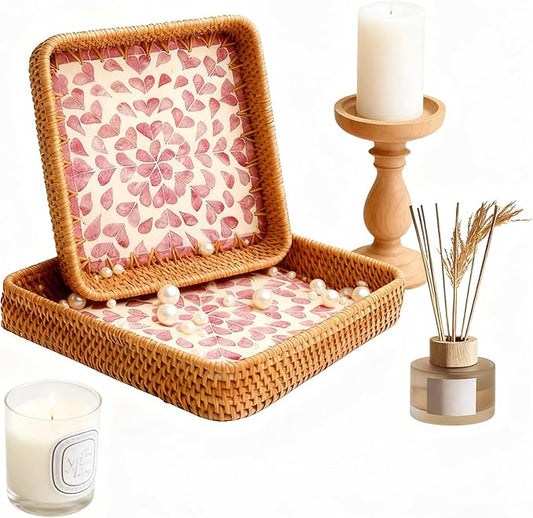 1 pcs Rectangle Rattan Serving Tray with Mother of Pearl Inlay, Decorative Wicker Tray for Coffee, Bread, Fruits, Elegant Table Decor for Living Room & Dining Room