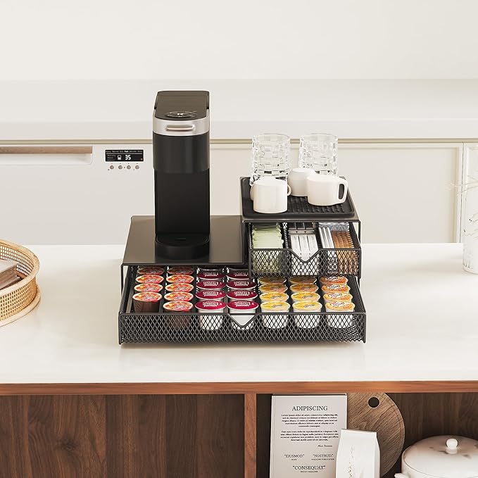 Coffee Maker Countertop Organizer,K Cup Pod Drawers,60 Coffee Capsule Pod Holder,Integrated Design Requires No Assembly.Slidng Storage Pod Baskets,K Cup holder,Silicone Drink Coasters