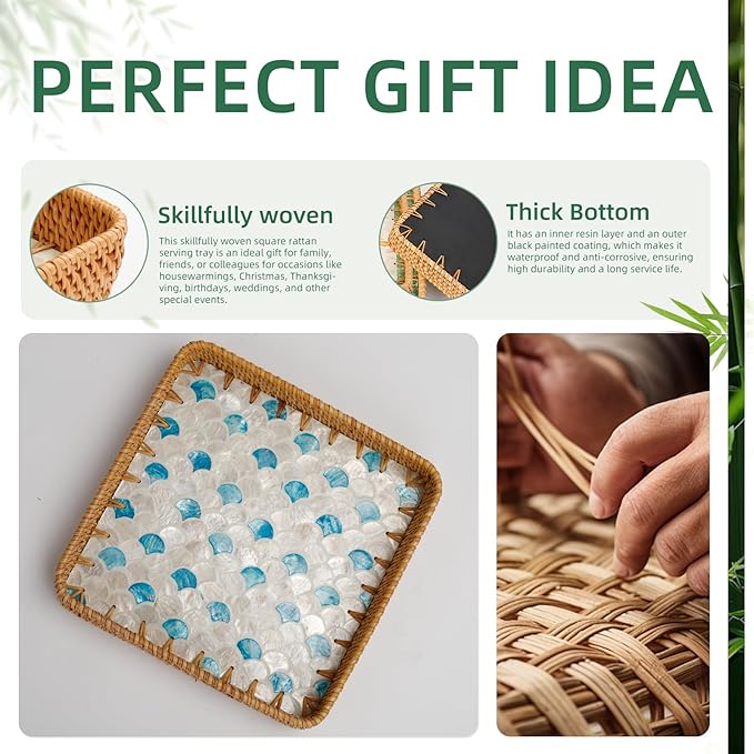 1 pcs Rectangle Rattan Serving Tray with Mother of Pearl Inlay, Decorative Wicker Tray for Coffee, Bread, Fruits, Elegant Table Decor for Living Room & Dining Room