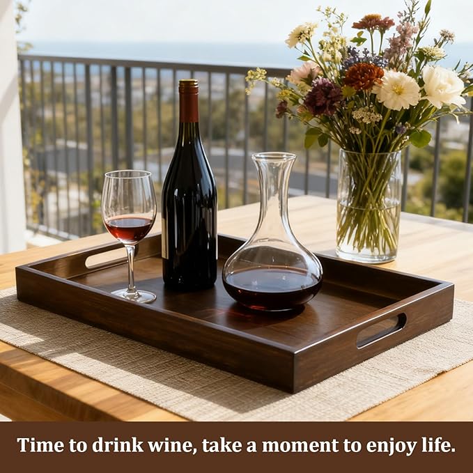 SHENLIU 2 Pcs Acacia Wood Serving Trays with Handles, 2 Sizes 17x12 & 15x10 Large Wooden Tray for Ottoman, Breakfast in Bed, Coffee Table, Decorative Rectangular Tray for Living Room Bedroom Kitchen