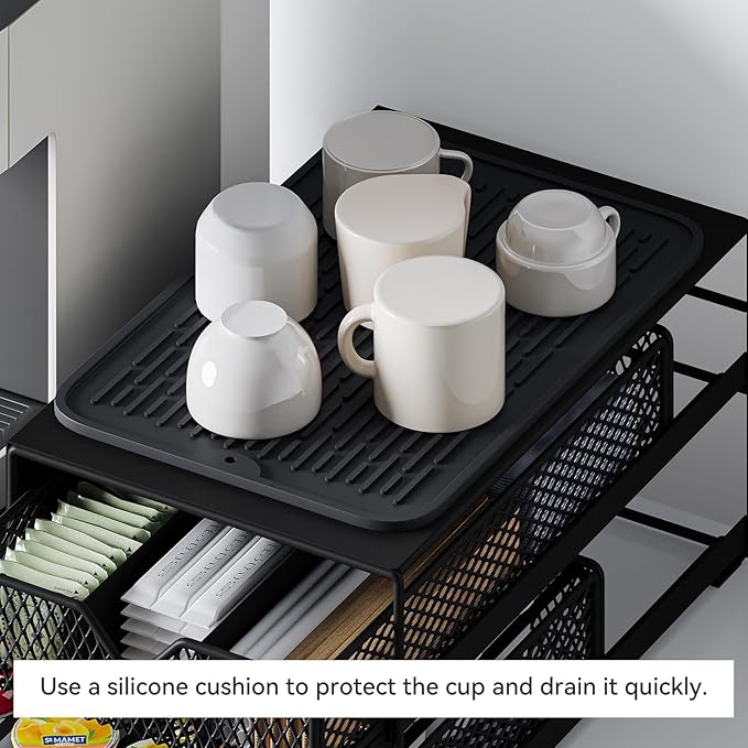 Coffee Maker Countertop Organizer,K Cup Pod Drawers,60 Coffee Capsule Pod Holder,Integrated Design Requires No Assembly.Slidng Storage Pod Baskets,K Cup holder,Silicone Drink Coasters