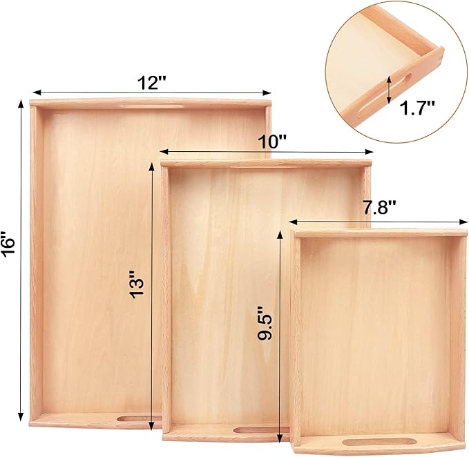 Montessori Wooden Trays with Handles, 3 Pack Small Medium Big Quality Wood Tray for Toddlers and Kids Montessori Activities, Trays to Store Toys and Educational Aids at Home Kindergarten (Beech)