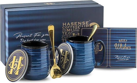 HASENSE Coffee Mugs, 15 Ounce Porcelain Mugs Set of 2 with Handle for Morning Coffee Tea and Cocoa, Ceramic Coffee Cups Gift Box with Beautiful Glaze Coasters Spoons for Men and Women, Navy