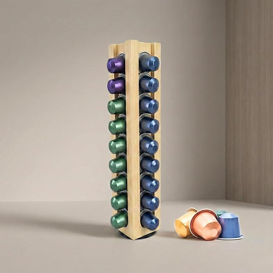 Wooden Coffee Pod Holder Compatible with Nespresso Original Pods,Rotating Vertical Carousel Pod Holder Coffee Station Countertop Organizer Storage Rack for 36 Pods