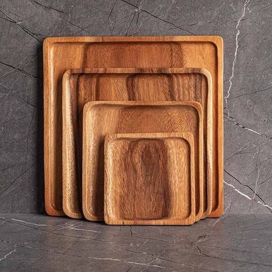 Modern Square Acacia Wood Plate/Chargers (Set of 4): Handmade Modern Style Wooden Dinner Server Trays Eco-Friendly Sustainably Made Kitchen & Dinnerware for BBQs & Picnics (Nested)