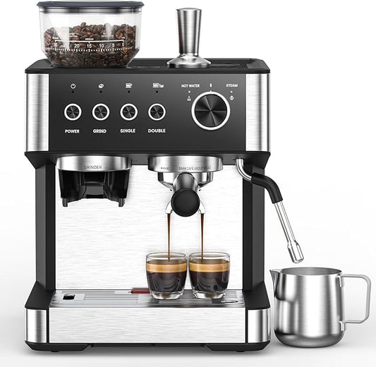 (2025 Upgrade)15 Bar Espresso Machine with Built-in Anti-Clog Coffee Grinder, Expresso Coffee Machines with Milk Steam Wand/Frother/Tamping Tools,Espresso Maker with Grinder for Lattes-Deep Black