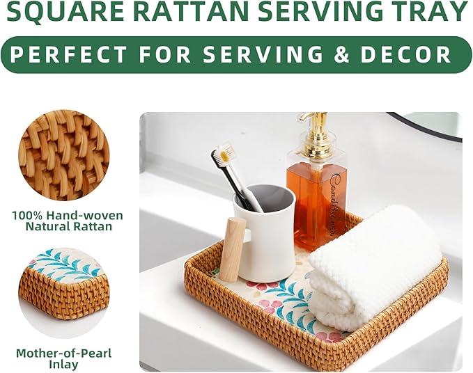 1 pcs Rectangle Rattan Serving Tray with Mother of Pearl Inlay, Decorative Wicker Tray for Coffee, Bread, Fruits, Elegant Table Decor for Living Room & Dining Room