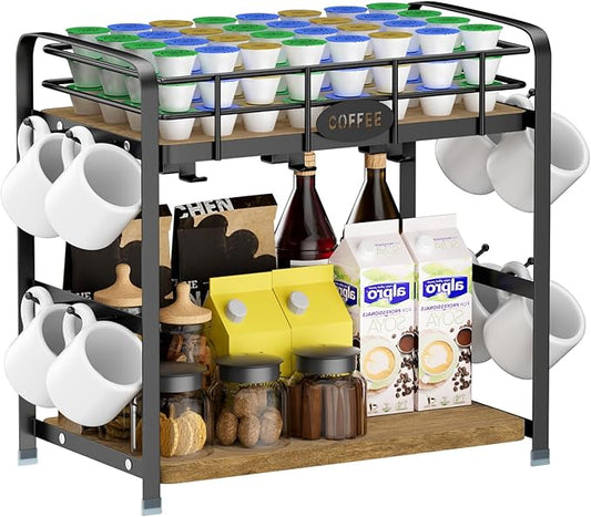 Coffee Mug Holder Coffee Station Organizer Mug Cup Tree Stand Bar Rack for Countertop Kitchen Storage Tea Kcup Holder on Top Cup Organizer with 14 Hooks