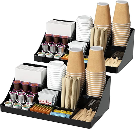 Coffee Station Organizer, Coffee Bar Cup Holder, Kitchen Countertop Accessories for Sugar Packet Condiment (Black, 2 Pcs)