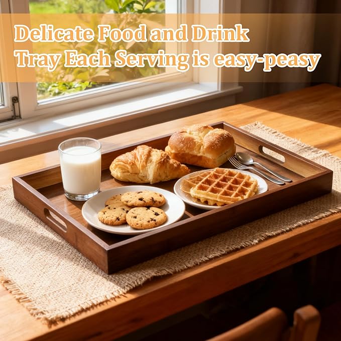 SHENLIU 2 Pcs Acacia Wood Serving Trays with Handles, 2 Sizes 17x12 & 15x10 Large Wooden Tray for Ottoman, Breakfast in Bed, Coffee Table, Decorative Rectangular Tray for Living Room Bedroom Kitchen