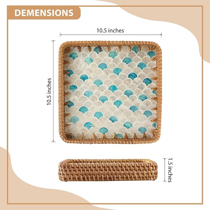 1 pcs Rectangle Rattan Serving Tray with Mother of Pearl Inlay, Decorative Wicker Tray for Coffee, Bread, Fruits, Elegant Table Decor for Living Room & Dining Room