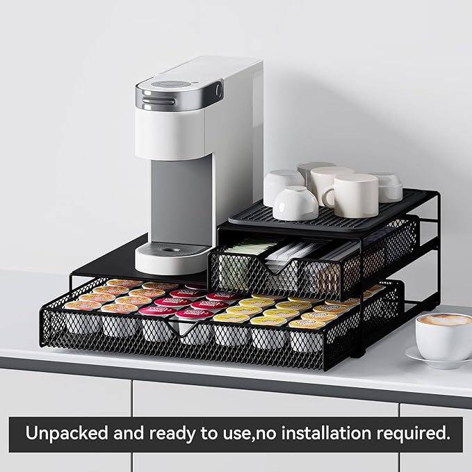 Coffee Maker Countertop Organizer,K Cup Pod Drawers,60 Coffee Capsule Pod Holder,Integrated Design Requires No Assembly.Slidng Storage Pod Baskets,K Cup holder,Silicone Drink Coasters