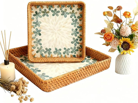 1 pcs Rectangle Rattan Serving Tray with Mother of Pearl Inlay, Decorative Wicker Tray for Coffee, Bread, Fruits, Elegant Table Decor for Living Room & Dining Room