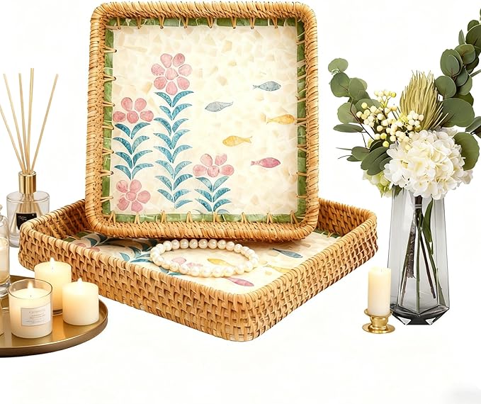 1 pcs Rectangle Rattan Serving Tray with Mother of Pearl Inlay, Decorative Wicker Tray for Coffee, Bread, Fruits, Elegant Table Decor for Living Room & Dining Room