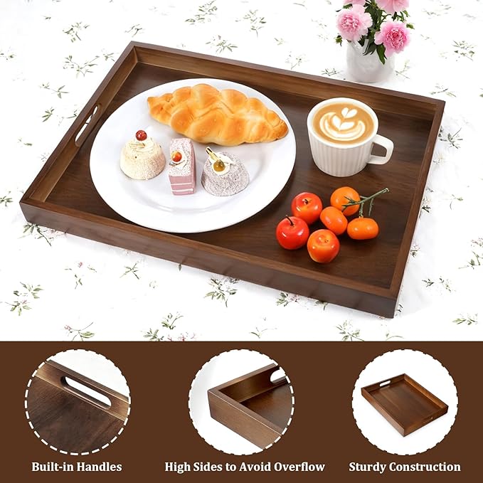 SHENLIU 2 Pcs Acacia Wood Serving Trays with Handles, 2 Sizes 17x12 & 15x10 Large Wooden Tray for Ottoman, Breakfast in Bed, Coffee Table, Decorative Rectangular Tray for Living Room Bedroom Kitchen