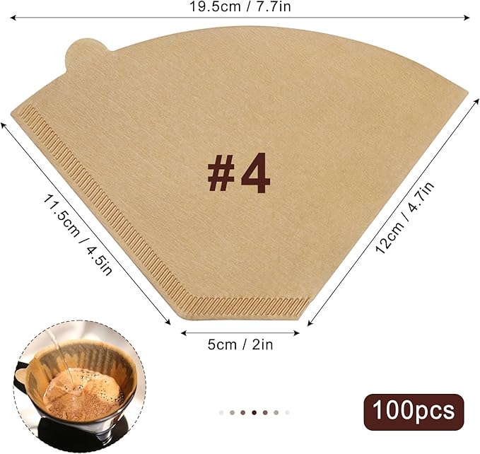 #4 Cone Coffee Filters,4 Coffee Filters Paper fits for Pour Over and Drip Coffee Maker, 8-12 Cup,Natural Unbleached,Chlorine Free (100)
