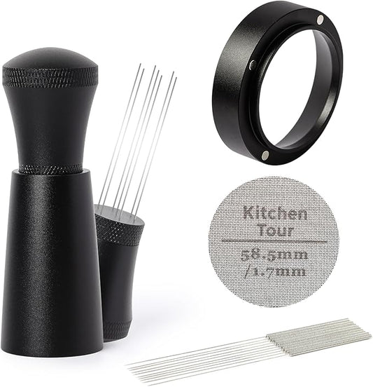 KitchenTour Espresso Accessories Kit 58mm, WDT Tool, Dosing Funnel and Puck Screen Set, 304 Stainless Steel Needle Coffee Distribution Stirrer, Portafilter Dosing Ring for Barista 58mm