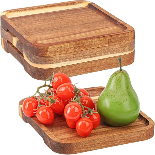 Geytetqi 4 Pack 7.5 Inch Acacia Wooden Plates, Solid Wood Serving Plates, Square Acacia Wood Trays, Highly Durable, Dishwasher Safe, Easy Carry Grooved Handle for Cheese, Fruit, and Charcuterie