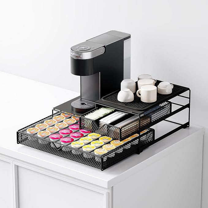 Coffee Maker Countertop Organizer,K Cup Pod Drawers,60 Coffee Capsule Pod Holder,Integrated Design Requires No Assembly.Slidng Storage Pod Baskets,K Cup holder,Silicone Drink Coasters