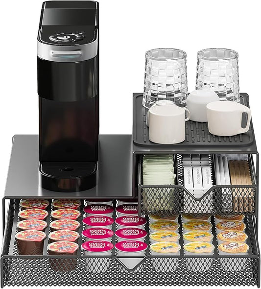 Coffee Maker Countertop Organizer,K Cup Pod Drawers,60 Coffee Capsule Pod Holder,Integrated Design Requires No Assembly.Slidng Storage Pod Baskets,K Cup holder,Silicone Drink Coasters