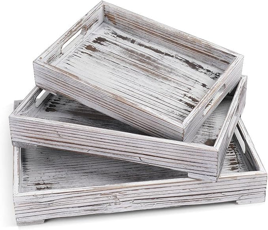Flexzion Rustic Wooden Serving Tray with Handle - 3-Piece Set of Wooden Trays for Ottomans, Torched Whitewash Nesting Trays for Eating, Decoration, Coffee, Stackable Rectangular Breakfast