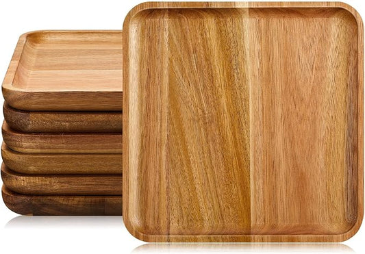 Set of 6 Acacia Wood Plates 8” Square Wooden Plates for Food, Wood Serving Trays Platter for Dinner Appetizer Meal Dishes Snack Dessert, Easy Cleaning and Lightweight
