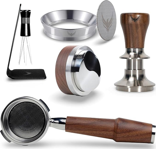 Walnut Espresso Accessories Set 58mm for Gaggia Bottomless Portafilter, Calibrated Tamper, Distribution Tool, Wdt, Dosing Cone and Puck Screen