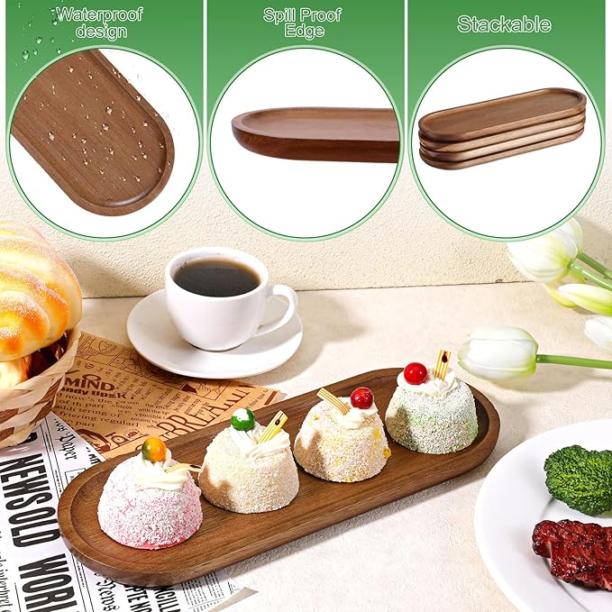 Yuanan 4PCS Acacia Wood Serving Platters and Trays, Oval Wooden Tray Small Sharcuterie Boards 11.34×4.13inch Sushi Plates Anti Slip Wooden Trays Versatile Wood Tray for Home Decor, Cheese, Fruit