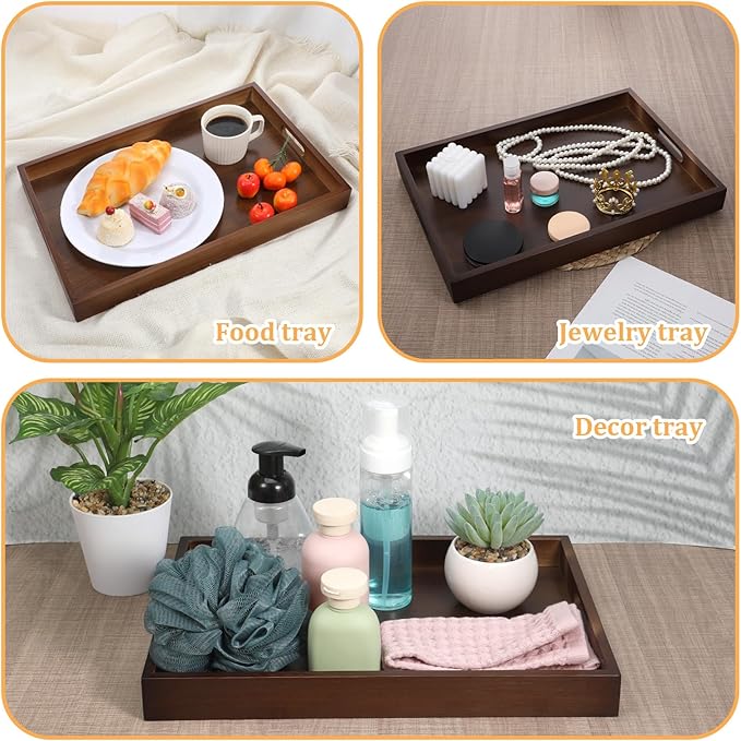 SHENLIU 2 Pcs Acacia Wood Serving Trays with Handles, 2 Sizes 17x12 & 15x10 Large Wooden Tray for Ottoman, Breakfast in Bed, Coffee Table, Decorative Rectangular Tray for Living Room Bedroom Kitchen