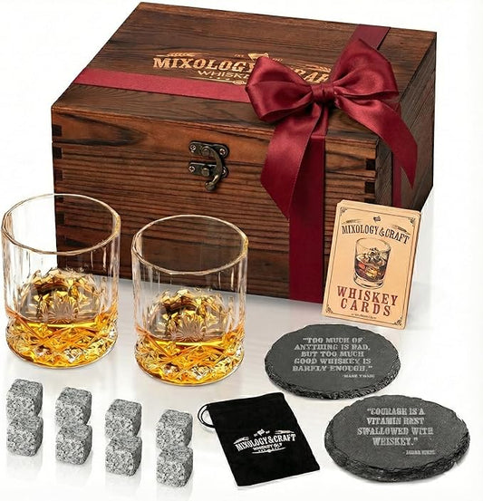 Mixology & Craft Whiskey Stones Gift Set: With Two 10oz Lead-Free Crystal Whiskey Glasses, 8 Whiskey Stones with Velvet Bag, 2 Slate Coasters & Recipe Cards in Wooden Crate | Great Holiday Gift