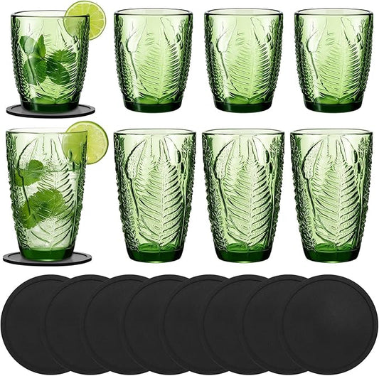 Ferrochef Green Drinking Glasses Set of 8 with Coasters 10 &12 oz Vintage Fern Leaves Textured Green Glass Cups Boho Aesthetic Retro Glassware Embossed Pattern Xmas Gift Drinkware for Juice Whiskey