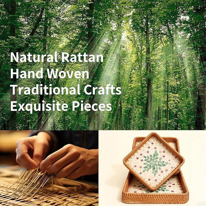 1 pcs Rectangle Rattan Serving Tray with Mother of Pearl Inlay, Decorative Wicker Tray for Coffee, Bread, Fruits, Elegant Table Decor for Living Room & Dining Room