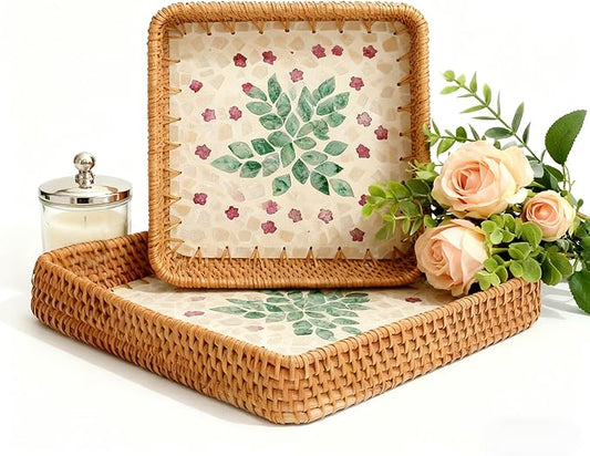 1 pcs Rectangle Rattan Serving Tray with Mother of Pearl Inlay, Decorative Wicker Tray for Coffee, Bread, Fruits, Elegant Table Decor for Living Room & Dining Room